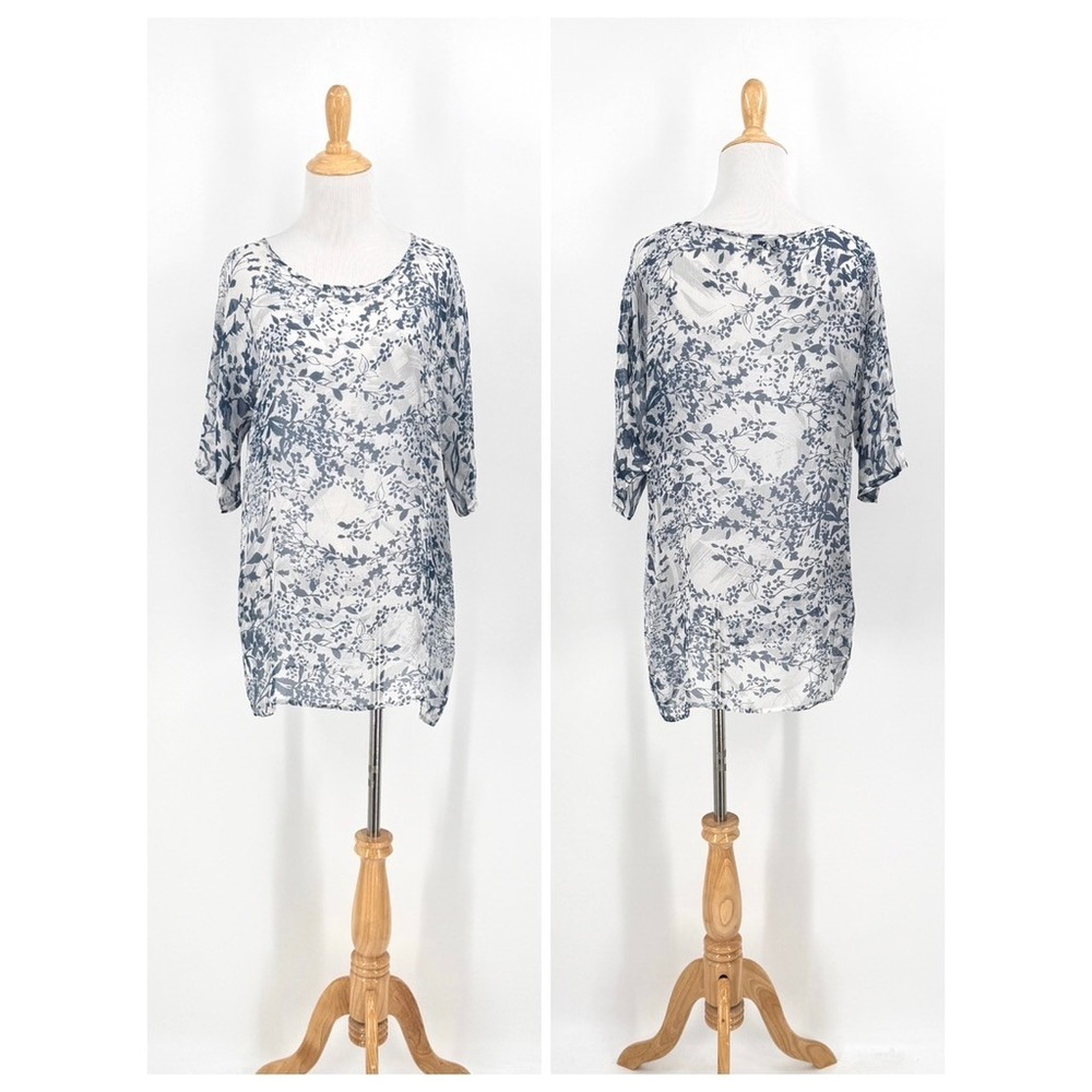 Biya Silk Blouse Women Small Blue Floral Sheer Boho Short Sleeve Johnny Was Top